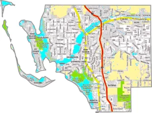 Lee County Florida GIS Map showing county boundaries, roads, cities, and coastal regions.