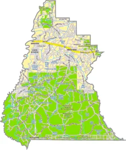 Liberty County Florida GIS Map displaying county boundaries, roads, forests, and nearby locations.