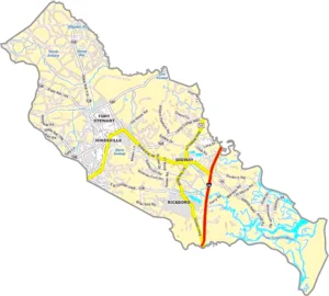 Liberty County Georgia GIS Map showing county boundaries, major roads, cities, highways, rivers, and geographic features.