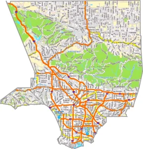 Los Angeles County California GIS Map showing county boundaries, cities, roads, and geographic features.