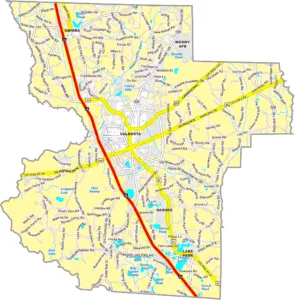 Lowndes County Georgia GIS Map showing county boundaries, major roads, cities, highways, rivers, and geographic features.