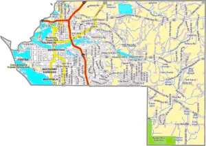 Manatee County Florida GIS Map displaying county boundaries, roads, cities, and coastal features.
