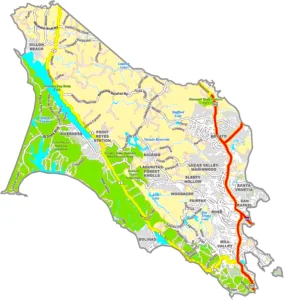 Marin County California GIS Map showing county boundaries, cities, roads, and geographic features.