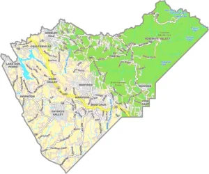 Mariposa County California GIS Map showing county boundaries, cities, roads, and geographic features.