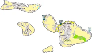 Maui County Hawaii GIS Map showing county boundaries, major roads, cities, highways, rivers, and geographic features.