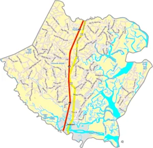 McIntosh County Georgia GIS Map showing county boundaries, major roads, cities, highways, rivers, and geographic features.