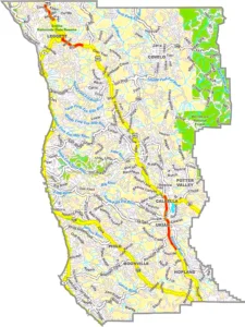 Mendocino County California GIS Map showing county boundaries, cities, roads, and geographic features.