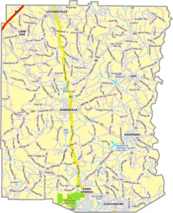 Meriwether County Georgia GIS Map showing county boundaries, major roads, cities, highways, rivers, and geographic features.