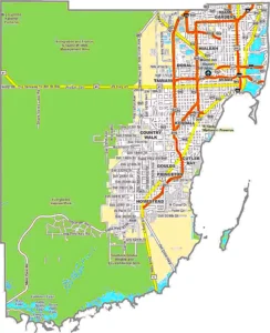 Miami-Dade County Florida GIS Map showing county boundaries, roads, cities, and coastal features.