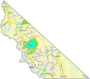 Mono County California GIS Map showing county boundaries, cities, roads, and geographic features.