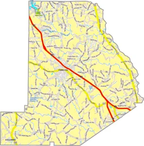 Monroe County Georgia GIS Map showing county boundaries, major roads, cities, highways, rivers, and geographic features.