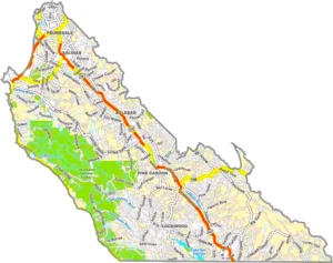 Monterey County California GIS Map showing county boundaries, cities, roads, and geographic features.