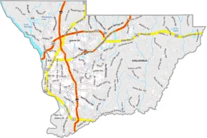 Muscogee County Georgia GIS Map showing county boundaries, major roads, cities, highways, rivers, and geographic features.