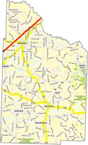 Nevada County Arkansas GIS Map showing county boundaries, roads, cities, and geographic features.