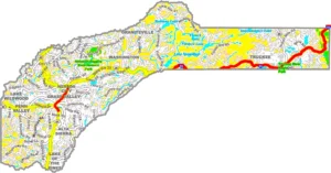 Nevada County California GIS Map showing county boundaries, cities, roads, and geographic features.