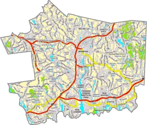 New London County GIS Map showing county boundaries, cities, roads, and geographic features.