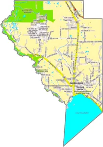 Okeechobee County Florida GIS Map showing county boundaries, roads, Lake Okeechobee, and nearby communities.