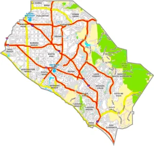 Orange County California GIS Map showing county boundaries, cities, roads, and geographic features.