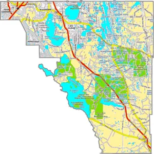 Osceola County Florida GIS Map showing county boundaries, roads, cities, and natural features.