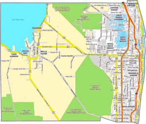 Palm Beach County Florida GIS Map showing county boundaries, roads, cities, and coastal regions.