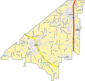 Peach County Georgia GIS Map showing county boundaries, major roads, cities, highways, rivers, and geographic features.