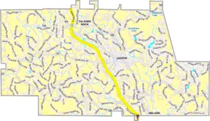 Pickens County Georgia GIS Map showing county boundaries, major roads, cities, highways, rivers, and geographic features.
