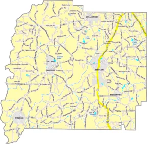 Pike County Georgia GIS Map showing county boundaries, major roads, cities, highways, rivers, and geographic features.