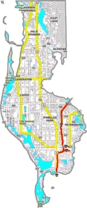 Pinellas County Florida GIS Map showing county boundaries, roads, cities, and coastal features.