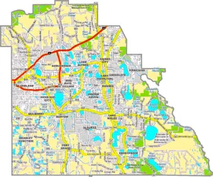 Polk County Florida GIS Map showing county boundaries, roads, cities, lakes, and landmarks.