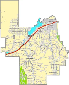 Power County Idaho GIS Map showing county boundaries, roads, towns, and geographic features.