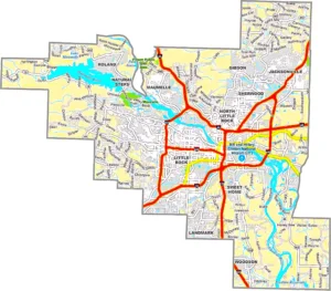 Pulaski County Arkansas GIS Map showing county boundaries, roads, cities, and geographic features.