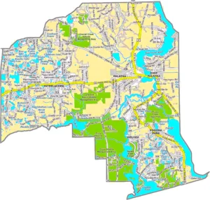 Putnam County Florida GIS Map showing county boundaries, roads, rivers, and communities.
