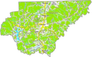 Rabun County Georgia GIS Map showing county boundaries, major roads, cities, highways, rivers, and geographic features.