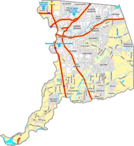 Sacramento County California GIS Map showing county boundaries, cities, roads, and geographic features.