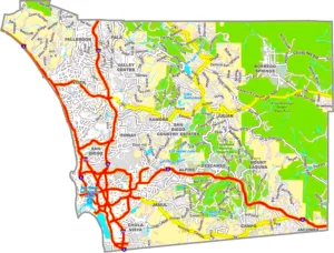 San Diego County California GIS Map showing county boundaries, cities, roads, and geographic features.