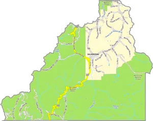 San Juan County Colorado GIS Map showing county boundaries, cities, roads, and geographic features.