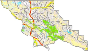 San Luis Obispo County California GIS Map showing county boundaries, cities, roads, and geographic features.