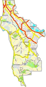 San Mateo County California GIS Map showing county boundaries, cities, roads, and geographic features.