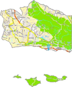Santa Barbara County California GIS Map showing county boundaries, cities, roads, and geographic features.