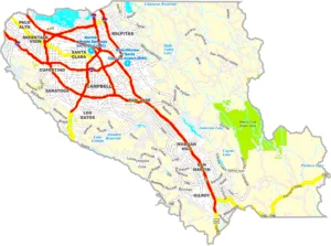 Santa Clara County California GIS Map showing county boundaries, cities, roads, and geographic features.