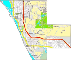 Sarasota County Florida GIS Map showing county boundaries, roads, cities, and beaches.