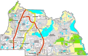 Seminole County Florida GIS Map showing county boundaries, roads, cities, and natural features.