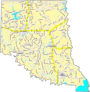 Sevier County Arkansas GIS Map showing county boundaries, roads, cities, and geographic features.