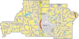 Spalding County Georgia GIS Map showing county boundaries, major roads, cities, highways, rivers, and geographic features.