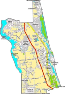 St. Johns County Florida GIS Map showing county boundaries, roads, cities, and coastal areas.