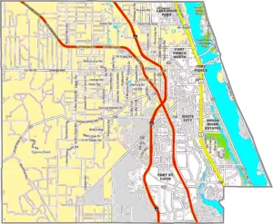 St. Lucie County Florida GIS Map showing county boundaries, roads, cities, and waterways.