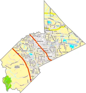 Stanislaus County California GIS Map showing county boundaries, cities, roads, and geographic features.