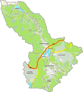 Summit County Colorado GIS Map showing county boundaries, cities, roads, and geographic features.