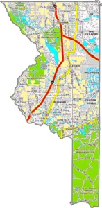 Sumter County Florida GIS Map showing county boundaries, roads, towns, and natural landmarks.