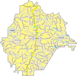 Taylor County Georgia GIS Map showing county boundaries, major roads, cities, highways, rivers, and geographic features.